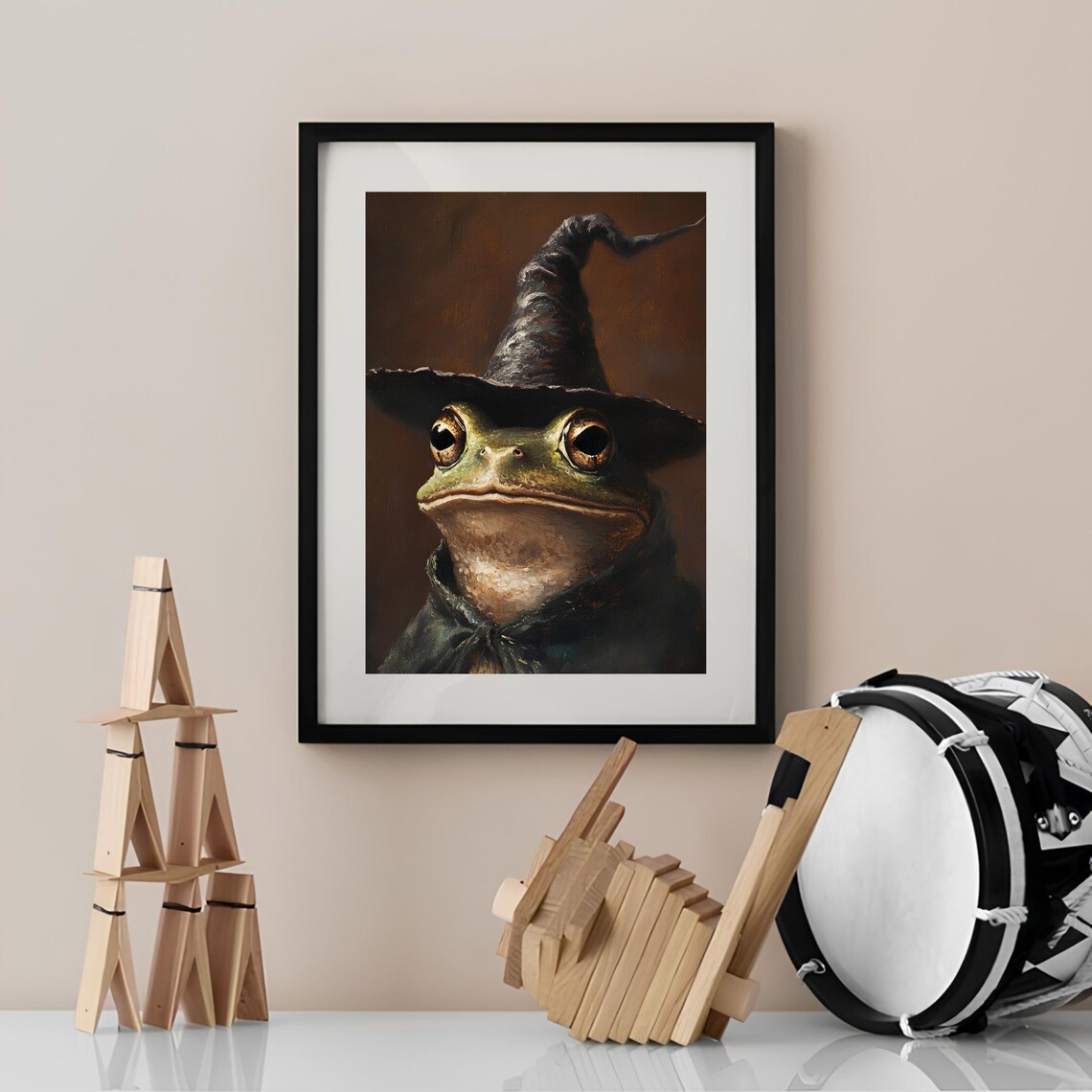Vintage Frog Wearing Witch Hat Oil Painting Halloween Animal Poster - Image 2