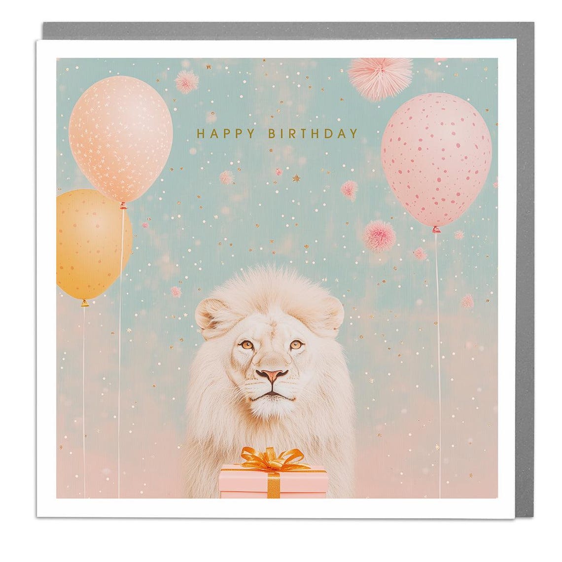White Lion Happy Birthday Card Balloons Gift Party Art Print