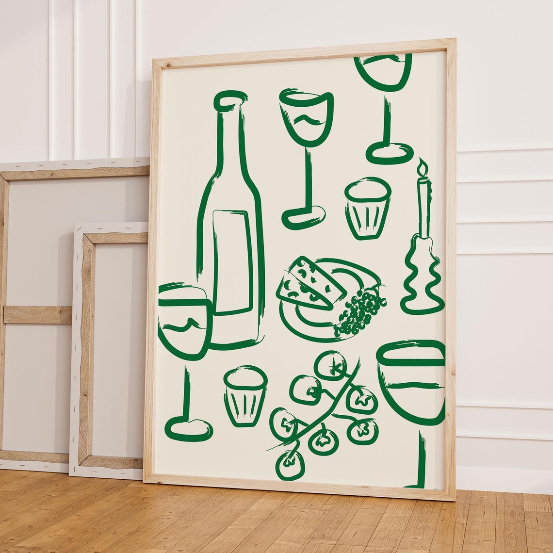 Retro Wine And Cheese Green Doodle Kitchen Dining Wall Poster