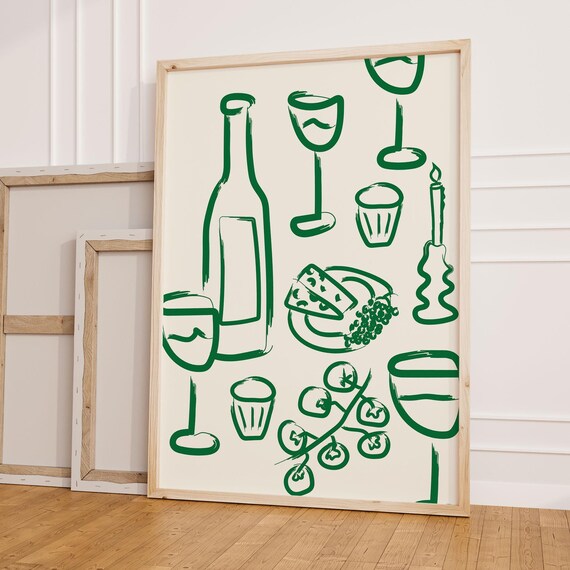 Retro Wine And Cheese Green Doodle Kitchen Dining Wall Poster