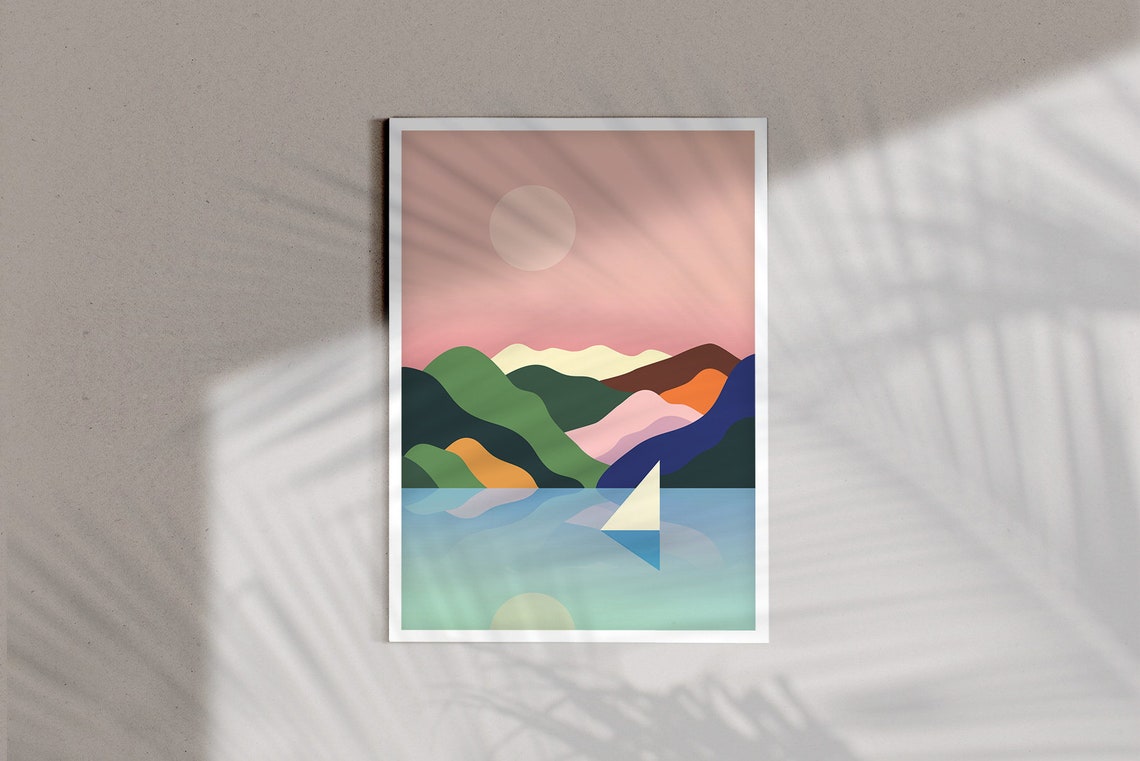 Colorful Geometric Sailboat Mountain Lake Sunset Sailing Art Poster - Image 2