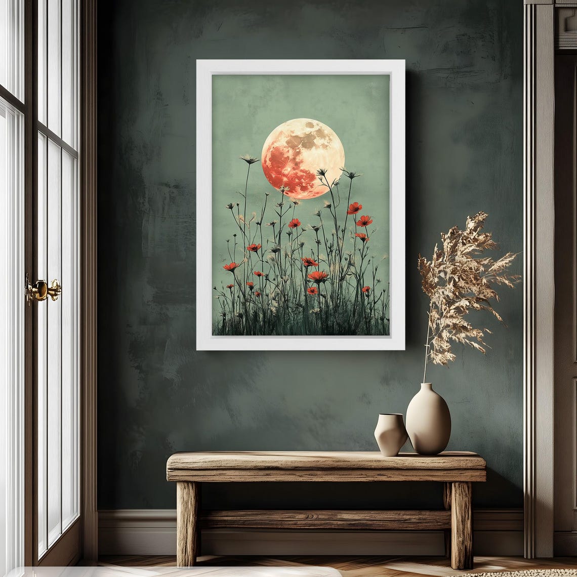 Full Moon Over Wildflowers, Rustic Nature Art Print