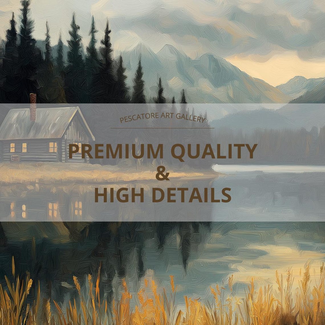 Cozy Lakeside Cabin Wall Art Serene Mountain Landscape Painting Rustic Nature Scene