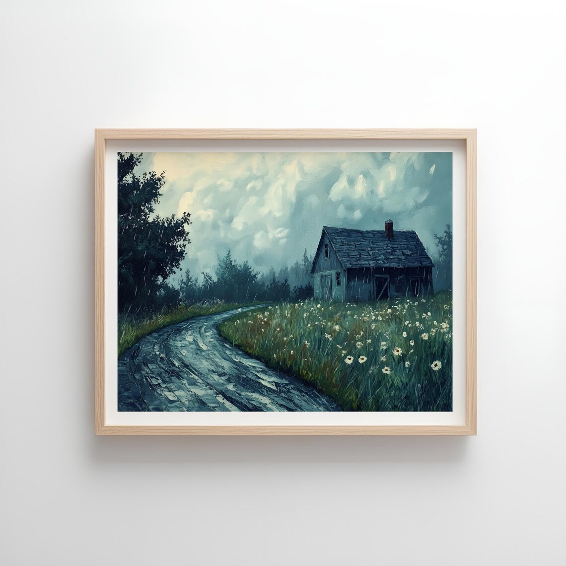 Abandoned Cottage In Rain, Rustic Countryside Art Print