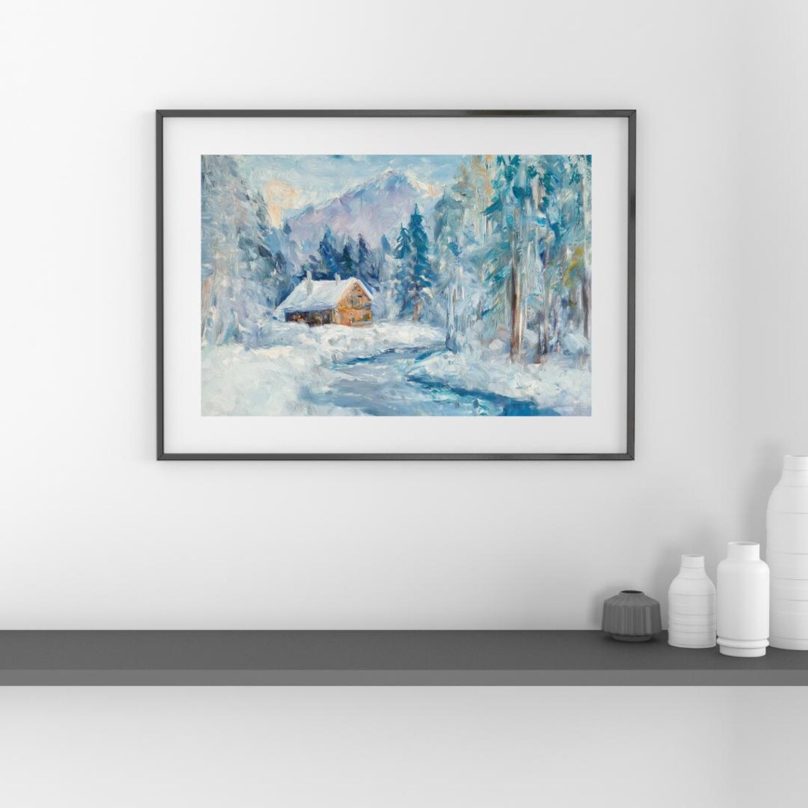 Winter Cabin By The Stream, Rustic Winter Landscape - Image 3