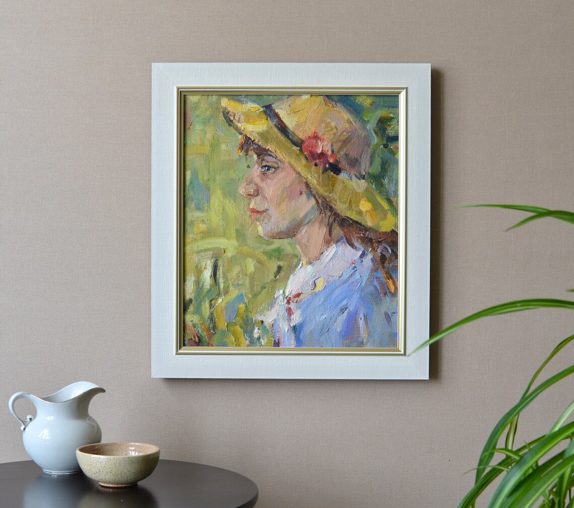 Original Female Portrait Oil Painting On Canvas Impressionistic Portrait Of A Girl With A Hat In The Sun In Vintage Style Framed Wall Art