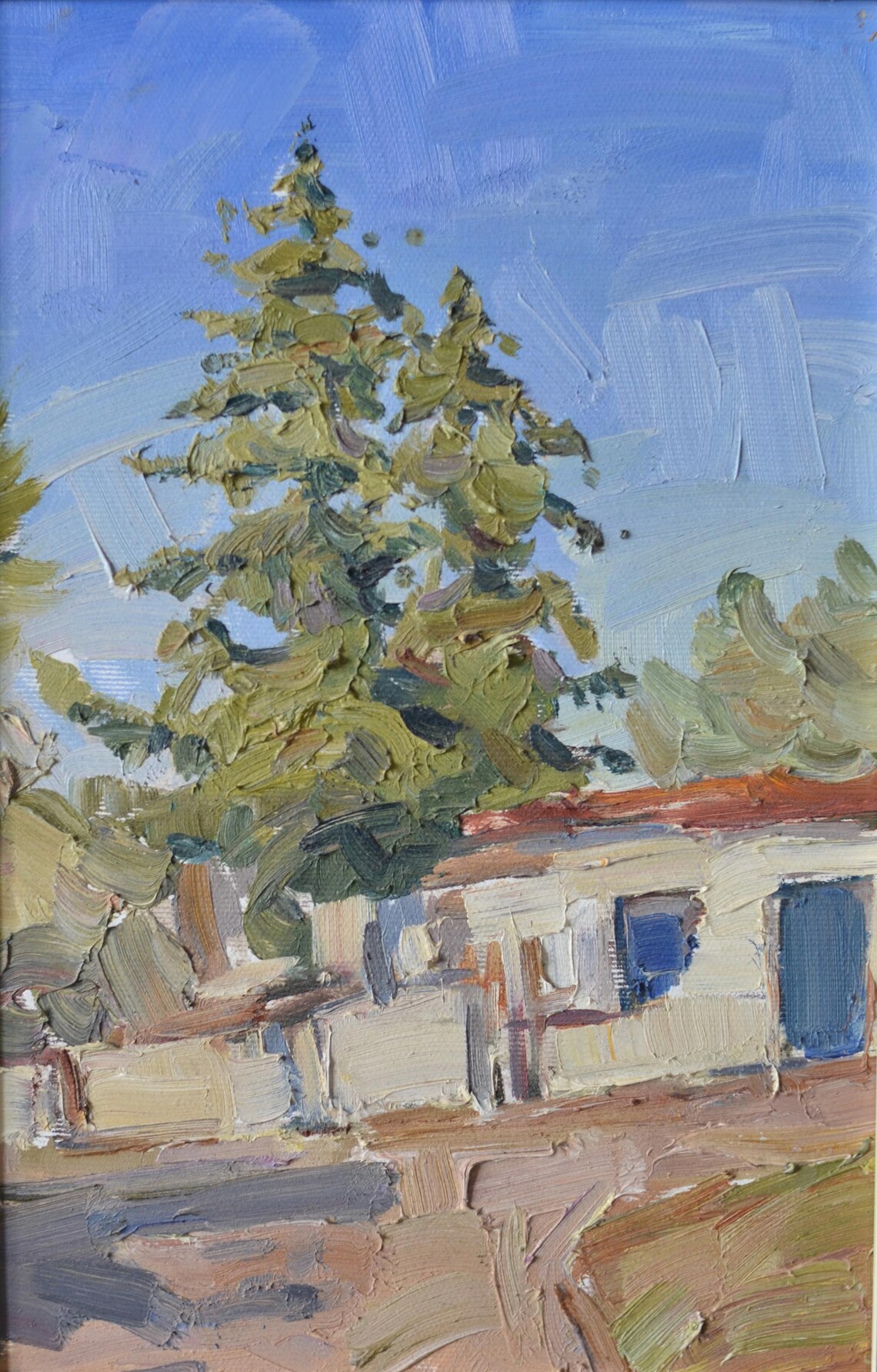 Tall Pine Tree Beside Greek Village House Sunny Mediterranean Poster - Image 2