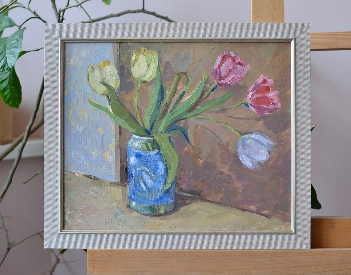Original Oil Floral Still Life Painting In A Frame Still Life With Tulips Flower Painting Contemporary Floral Wall Art One Of A Kind - Image 2