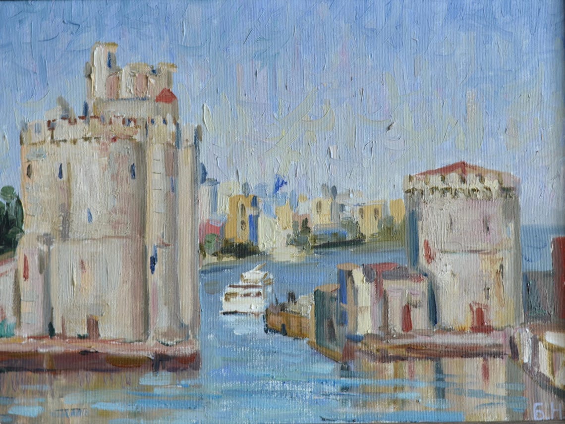 Original Framed Landscape Oil Painting On Canvas Urban French Landscape With The Port Of La Rochelle European Fine Art One Of A Kind - Image 3