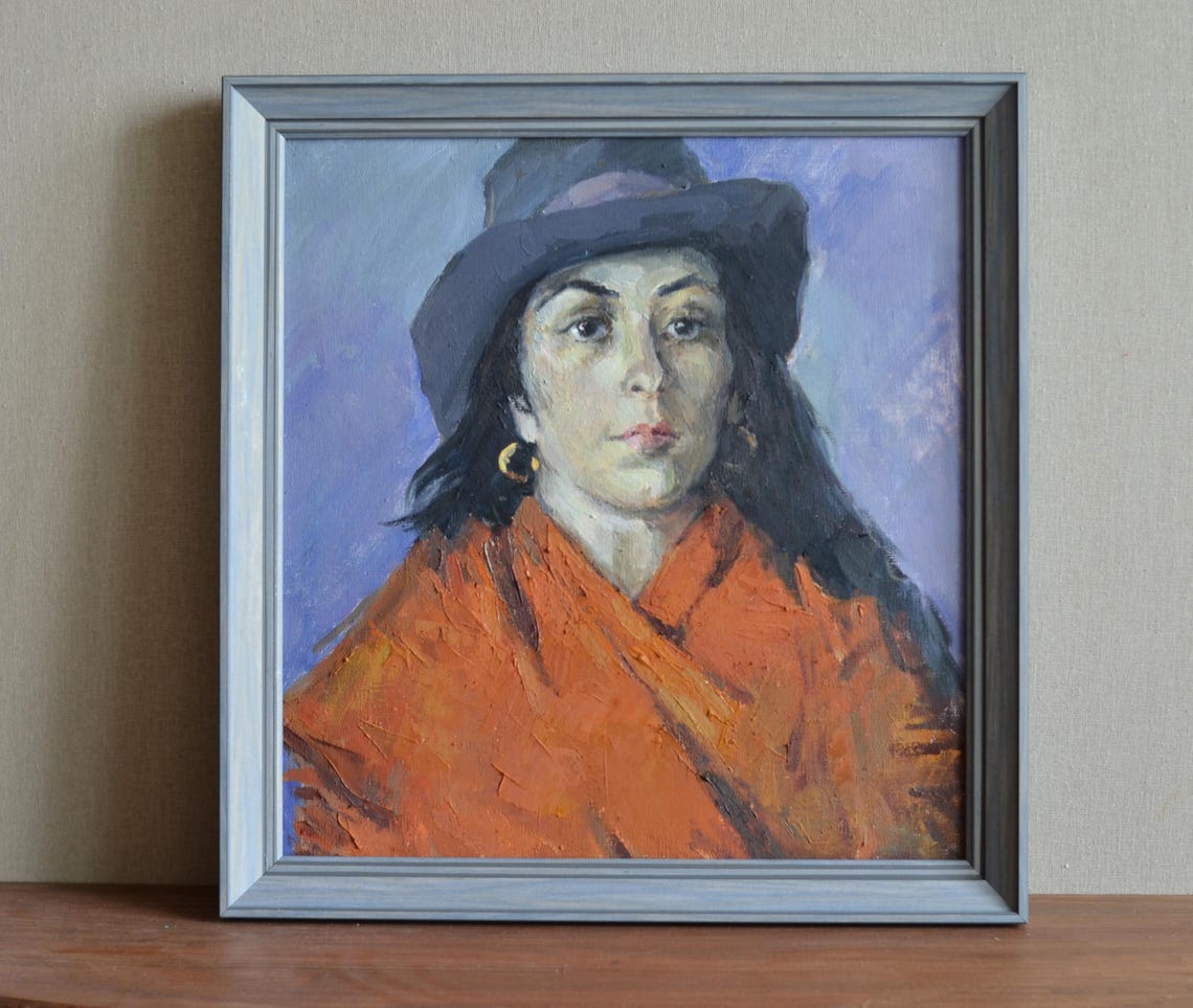 Original Framed Portrait Oil Painting Portrait Of A Young Woman Wearing A Hat And A Gold Earring Impressionist Wall Art European Fine Art