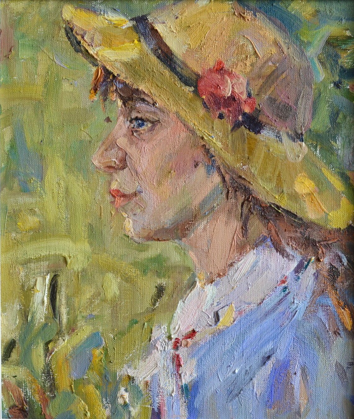 Original Female Portrait Oil Painting On Canvas Impressionistic Portrait Of A Girl With A Hat In The Sun In Vintage Style Framed Wall Art - Image 4