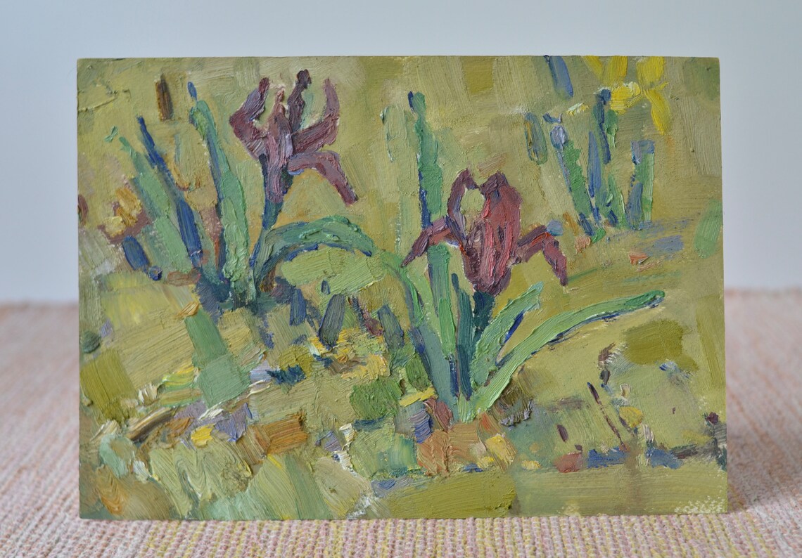 Burgundy Irises Blooming On Green Grass Spring Floral Wall Art - Image 3