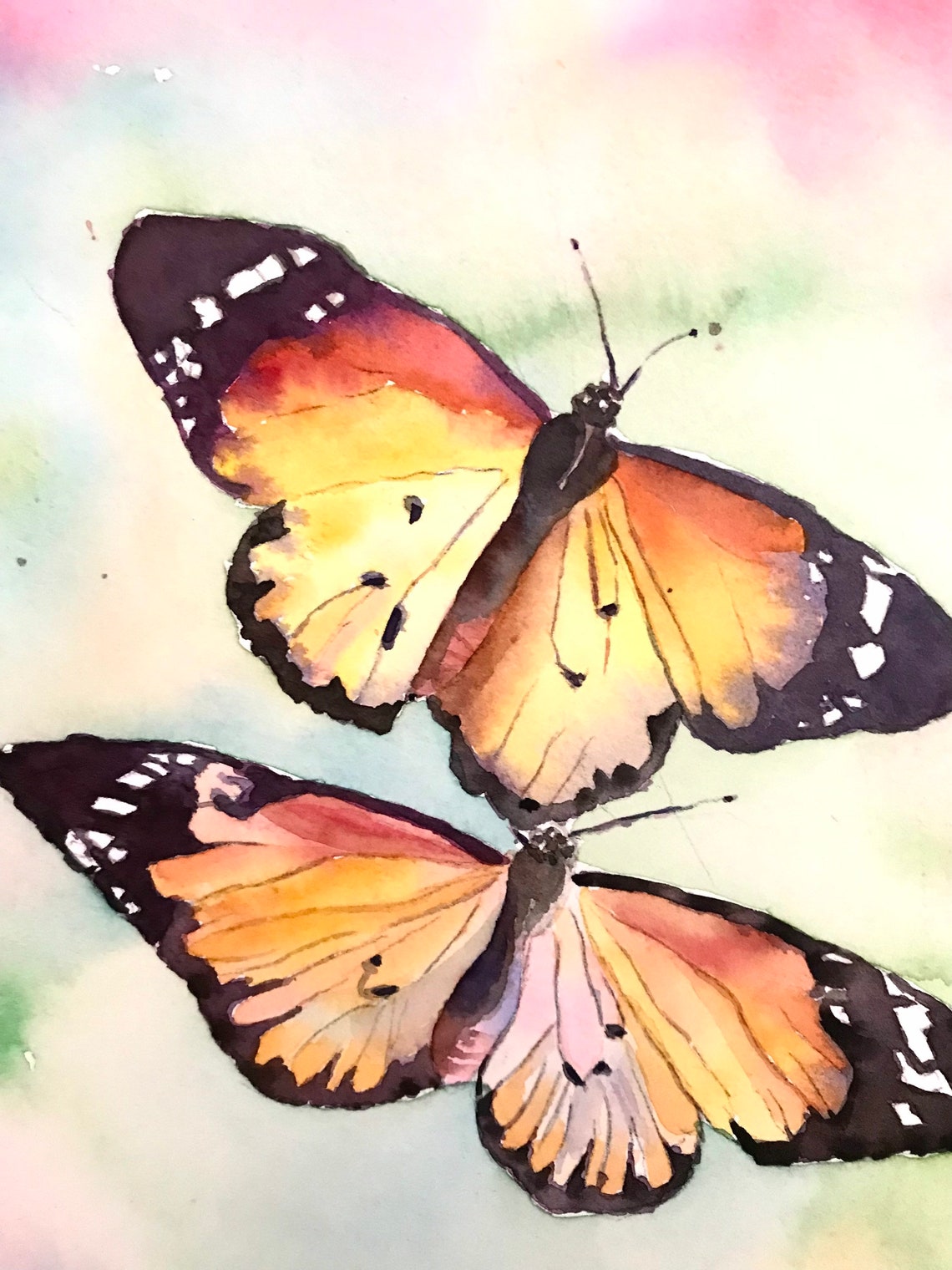 Pair of Monarch Butterflies on a Pastel Wash Watercolor Poster - Image 4