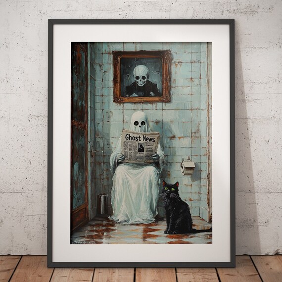 Funny Ghost Reading the News on the Toilet in a Vintage Bathroom Poster