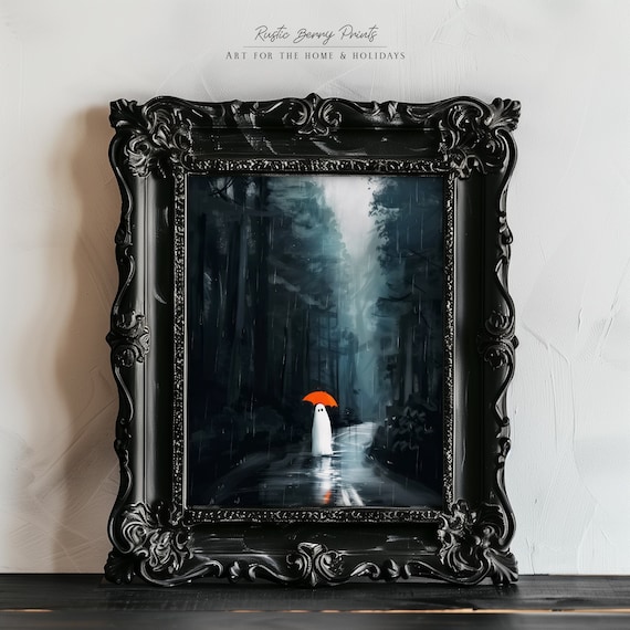 Ghost With Orange Umbrella in Rainy Forest Moody Halloween Poster