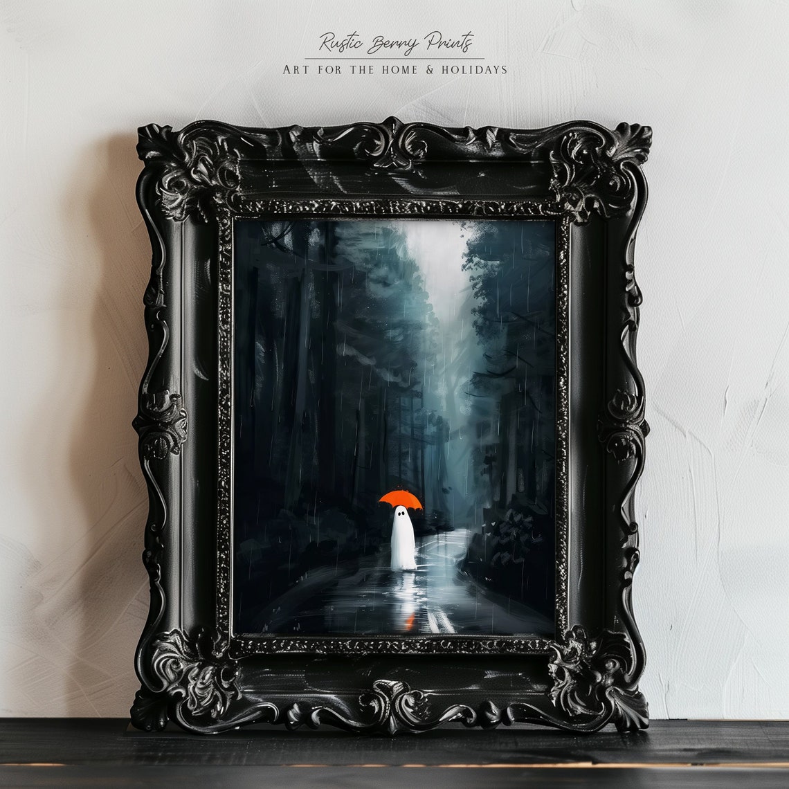 Ghost With Orange Umbrella in Rainy Forest Moody Halloween Poster
