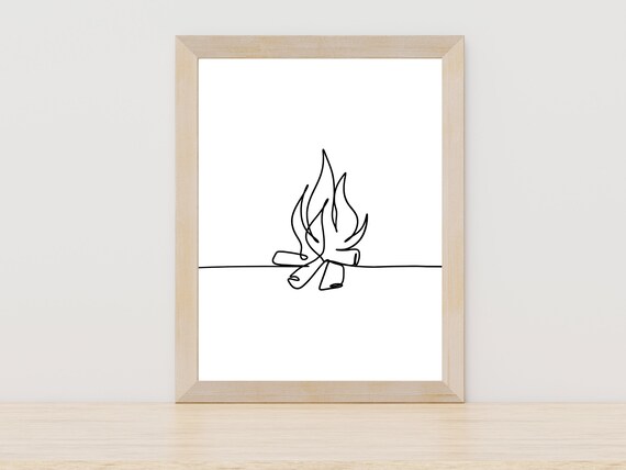Minimalist Campfire Single Line Art Outdoor Camping Decor Print