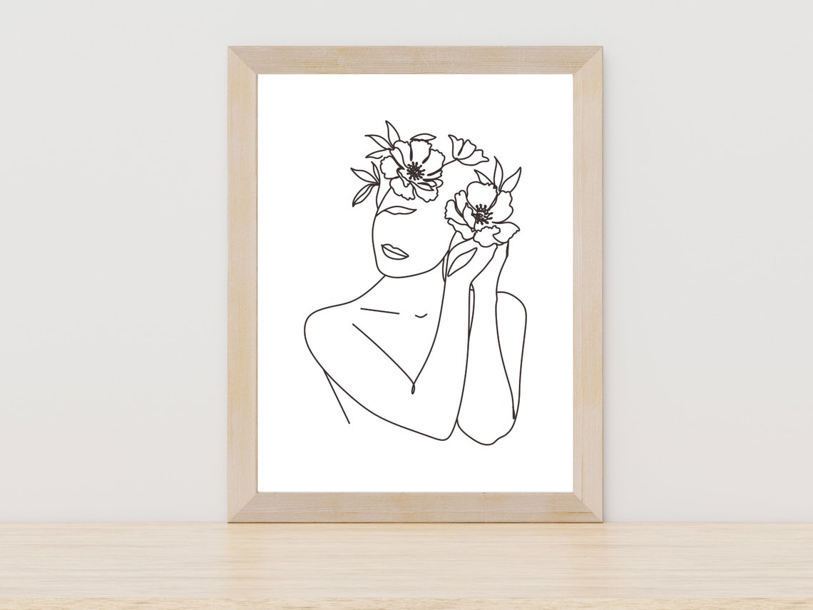 Woman Line Art Print With Flowers Line Drawing Woman Flower Naked Woman Line Art Body Line Drawing Abstract Woman Body Line Drawing Art