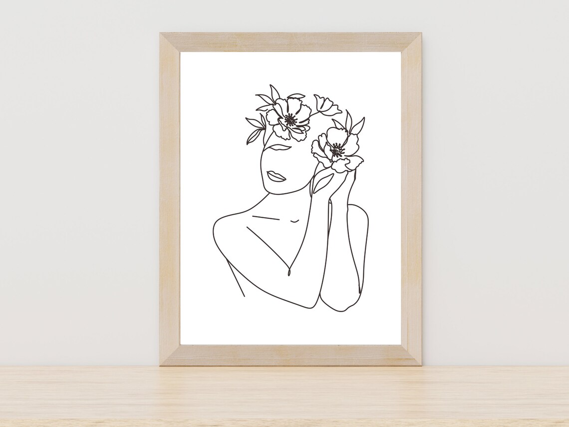 Woman With Flowers Minimalist Line Art Floral Face Beauty Poster