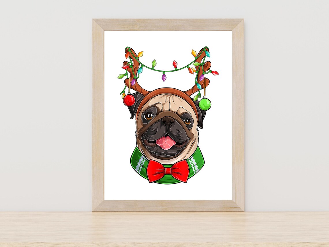 Christmas Pug Painting Reindeer Antlers Holiday Dog Gift Wall Art