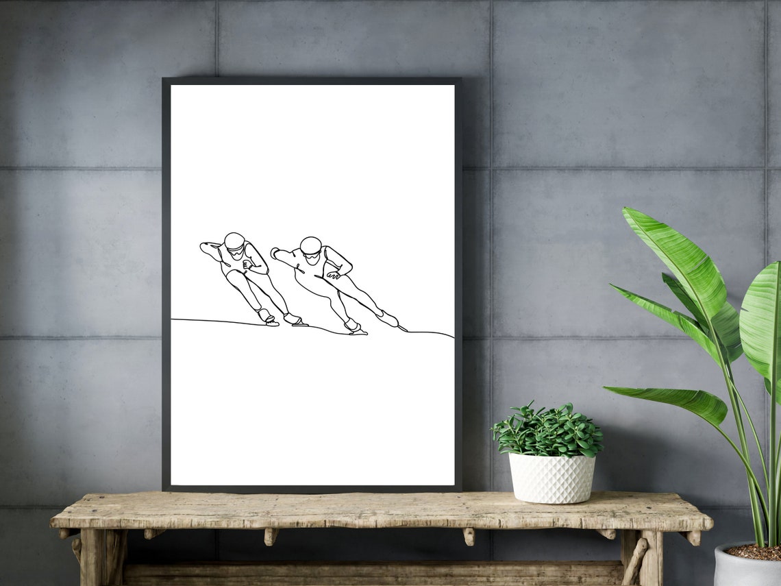 Two Speed Skaters Racing Winter Ice Line Art Minimalist Sports Poster - Image 3