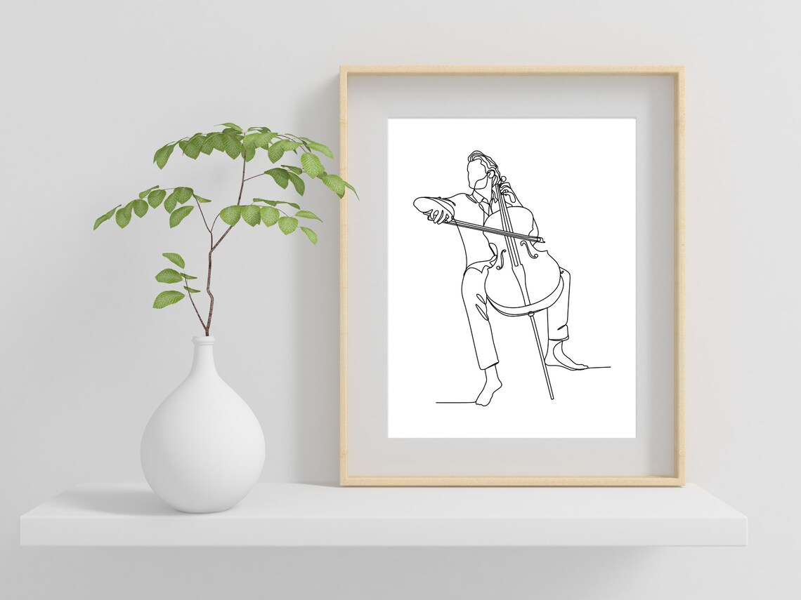 Graceful Cellist Playing Cello with Bow Minimalist Line Art Poster - Image 2