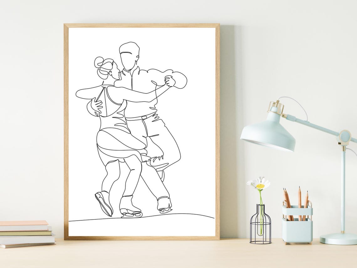 Ice Dancing Couple Embrace Elegant Minimalist Line Art Sport Poster - Image 2