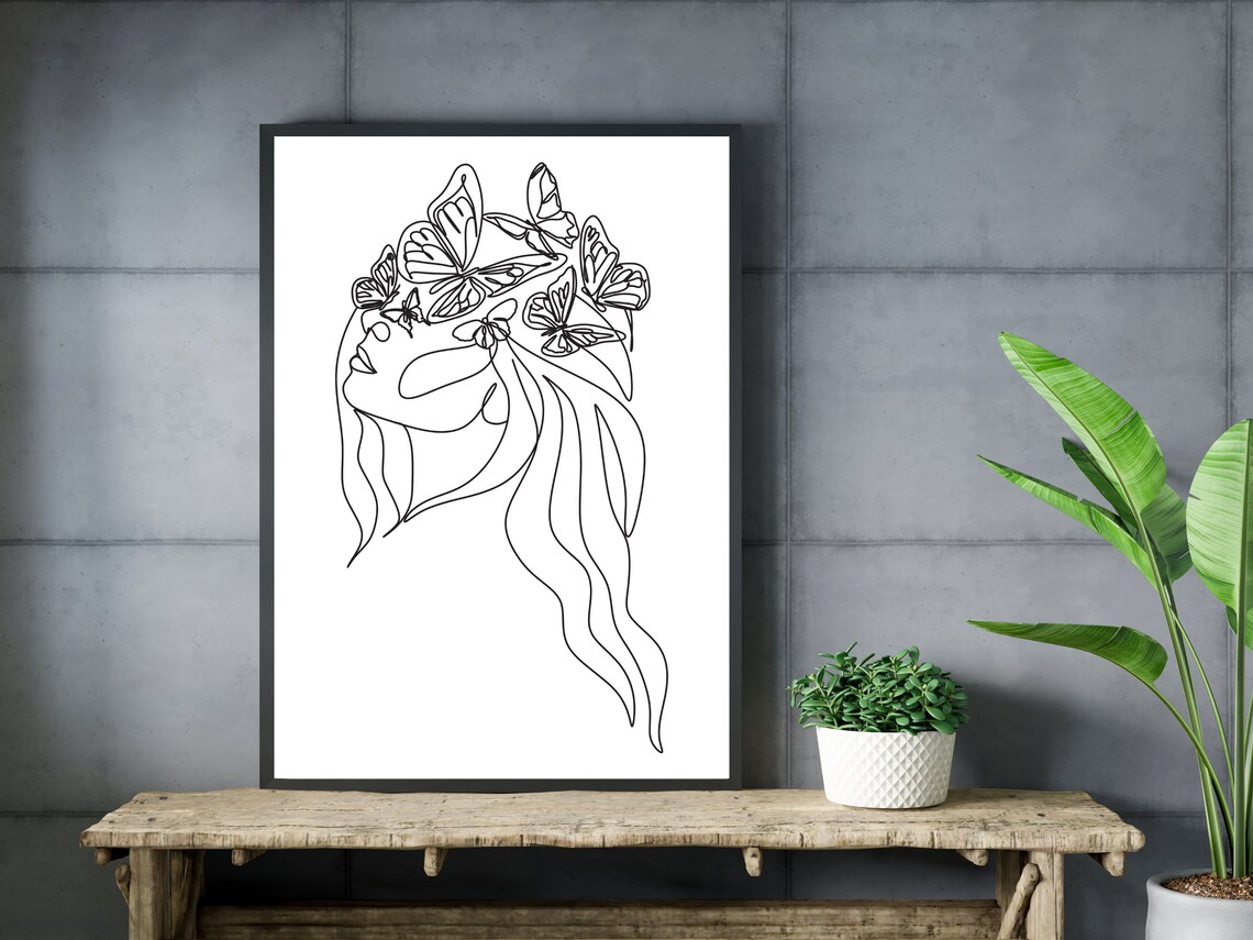 Woman Butterfly Crown One Line Art Flowing Hair Beauty Poster - Image 3