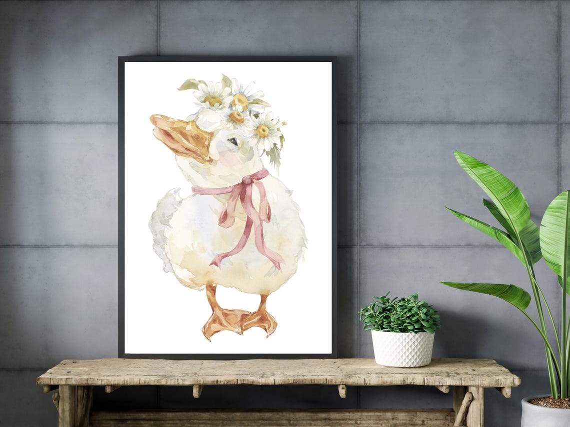 Baby Duck Watercolor Nursery Print Floral Daisy Crown Animal Decor - Image 3