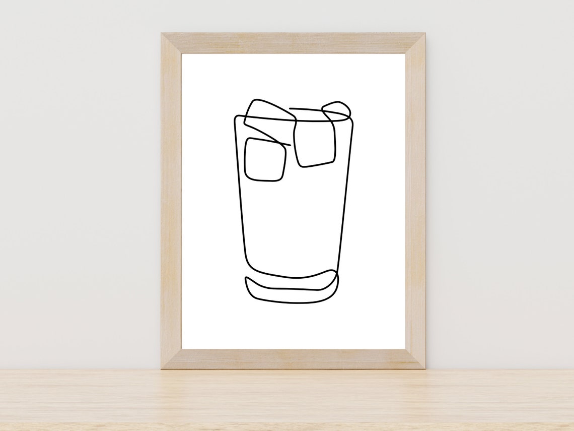 Whiskey Glass Ice One Line Art Bar Kitchen Decor Gift Wall Art