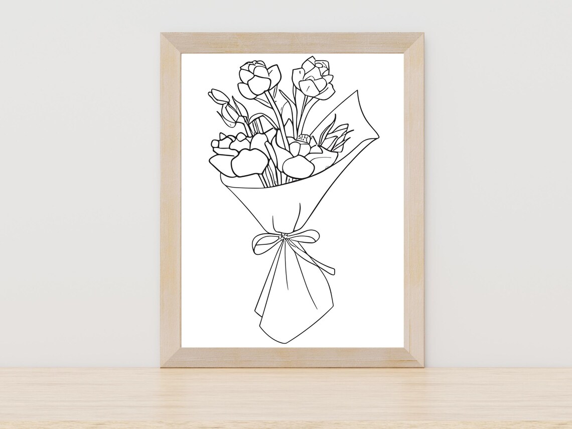 Minimalist Flower Bouquet Line Art Drawing Black White Poster
