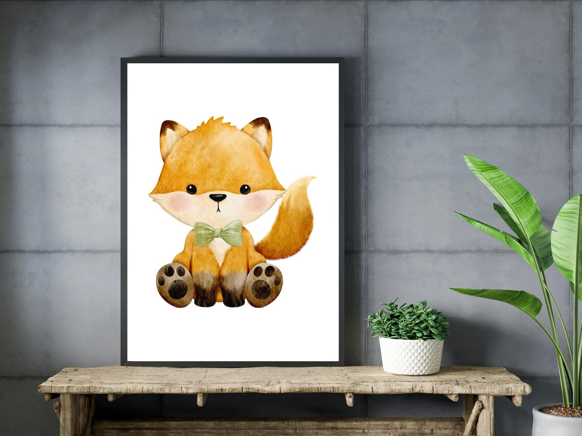 Cute Baby Fox with Bow Tie Watercolor Nursery Animal Art Poster - Image 3