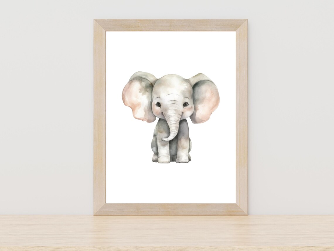Cute Baby Elephant Watercolor Painting Nursery Animal Wall Art