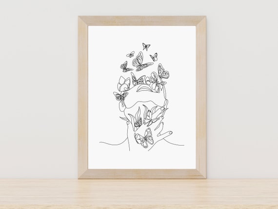 Women With Butterfly Line Art Line Art Women Face Line Art Art Minimalistic Line Art Scandinavian Art Butterfly Art