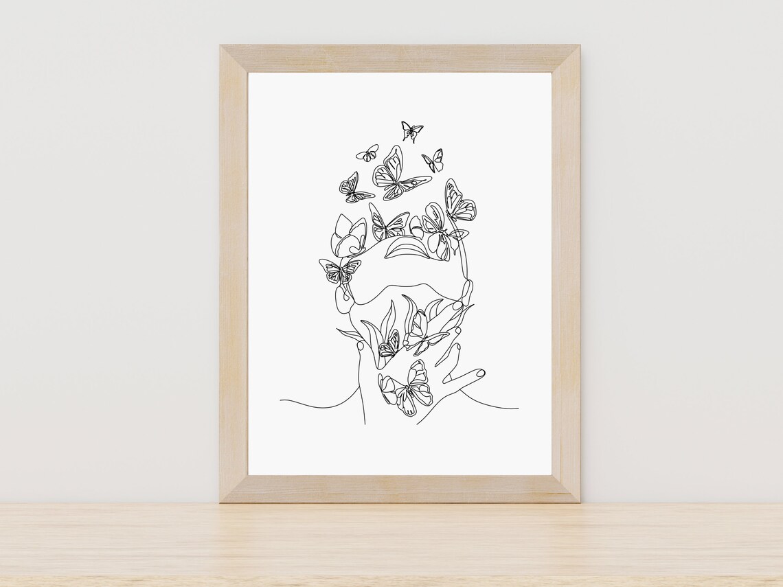 Beautiful Woman Face With Butterflies Blooming Floral Line Art Print