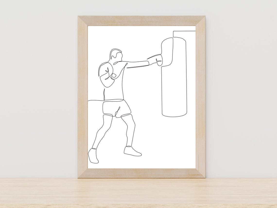 Boxer Punching Heavy Bag Line Art Boxing Gym Training Decor Poster