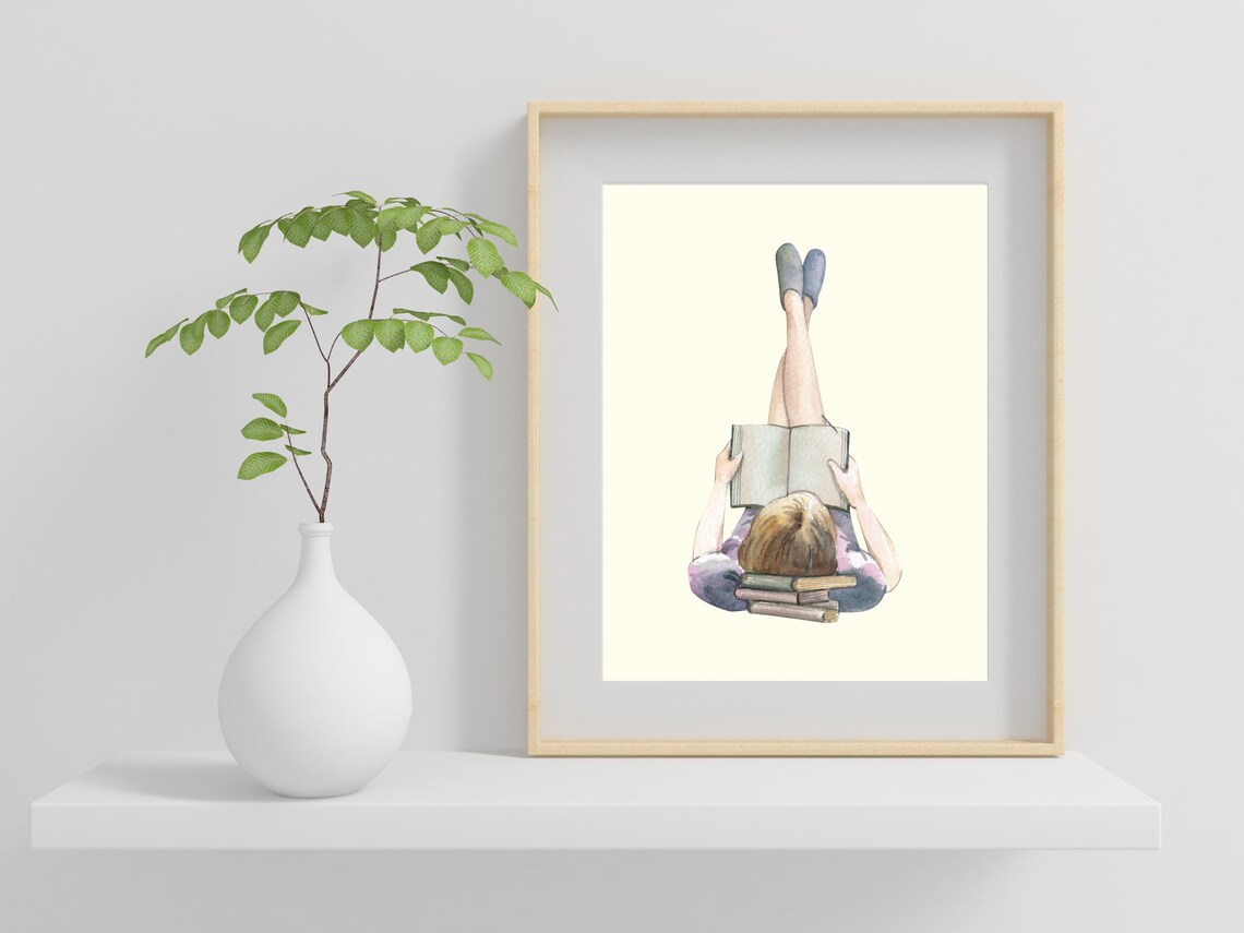 Girl Reading Books Watercolor Book Lover Gift Bookish Art Poster - Image 2