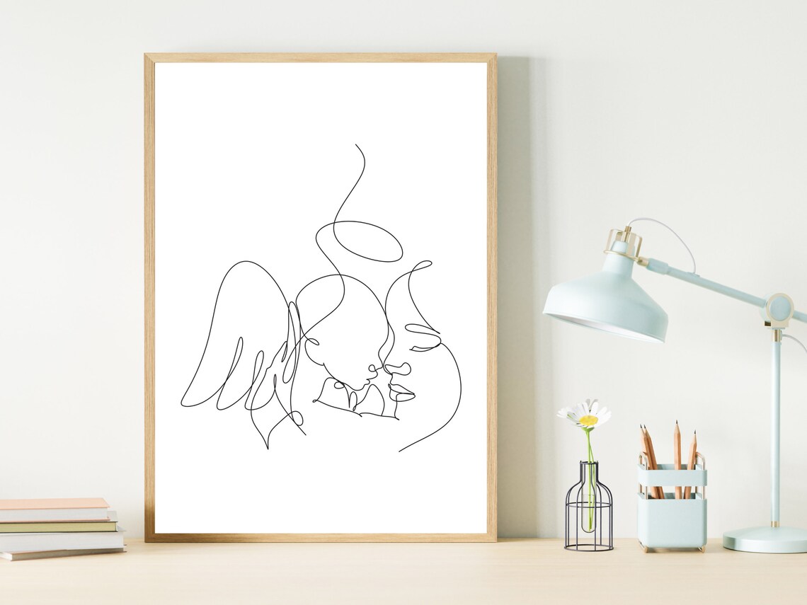 Mom Kissing Angel Baby One Line Art Tender Remembrance Gift Poster - Image 3