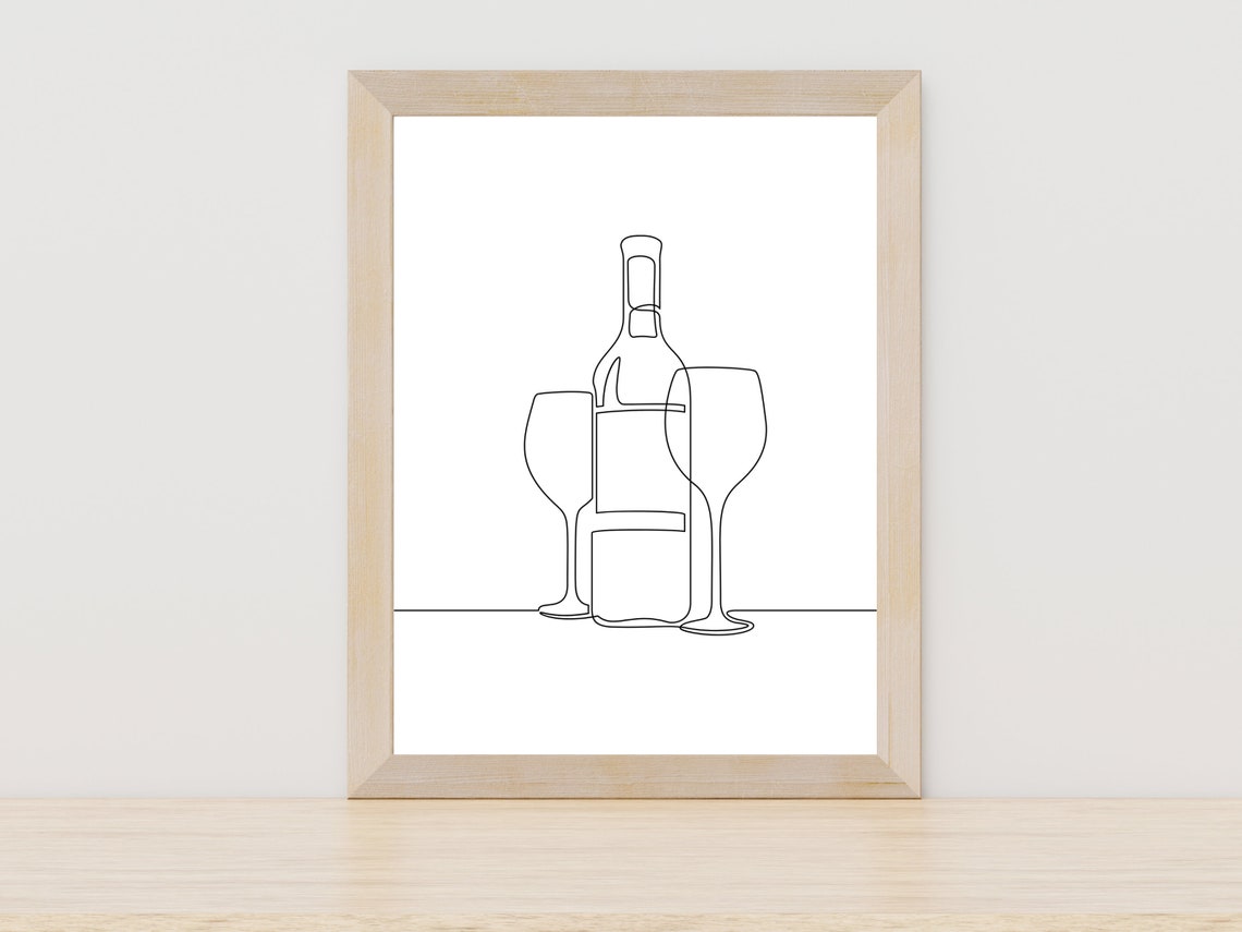 Elegant Wine Bottle With Two Glasses Modern Kitchen Line Art Print
