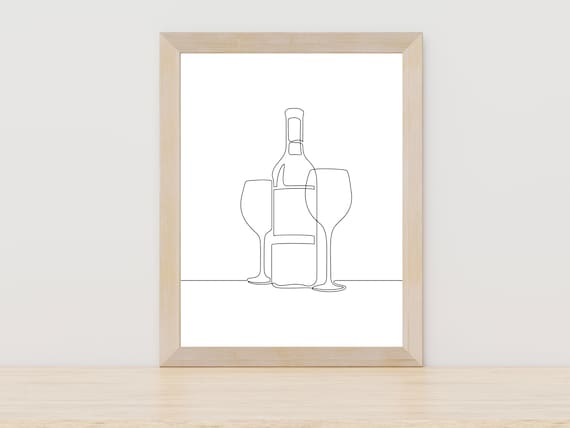 Elegant Wine Bottle With Two Glasses Modern Kitchen Line Art Print