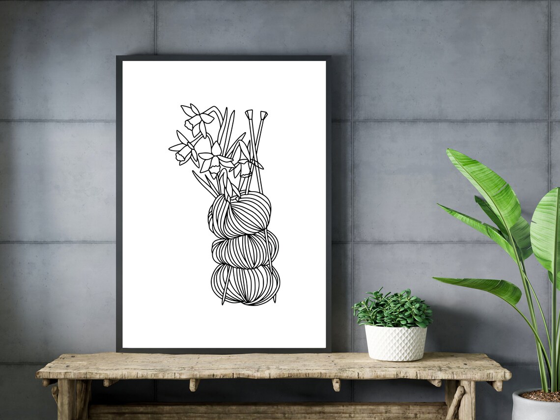 Yarn Balls Knitting Needles Floral Line Art Craft Lover Gift Poster - Image 3
