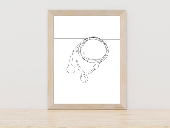 Coiled Wired Earbuds One Line Drawing Minimalist Music Tech Art Poster