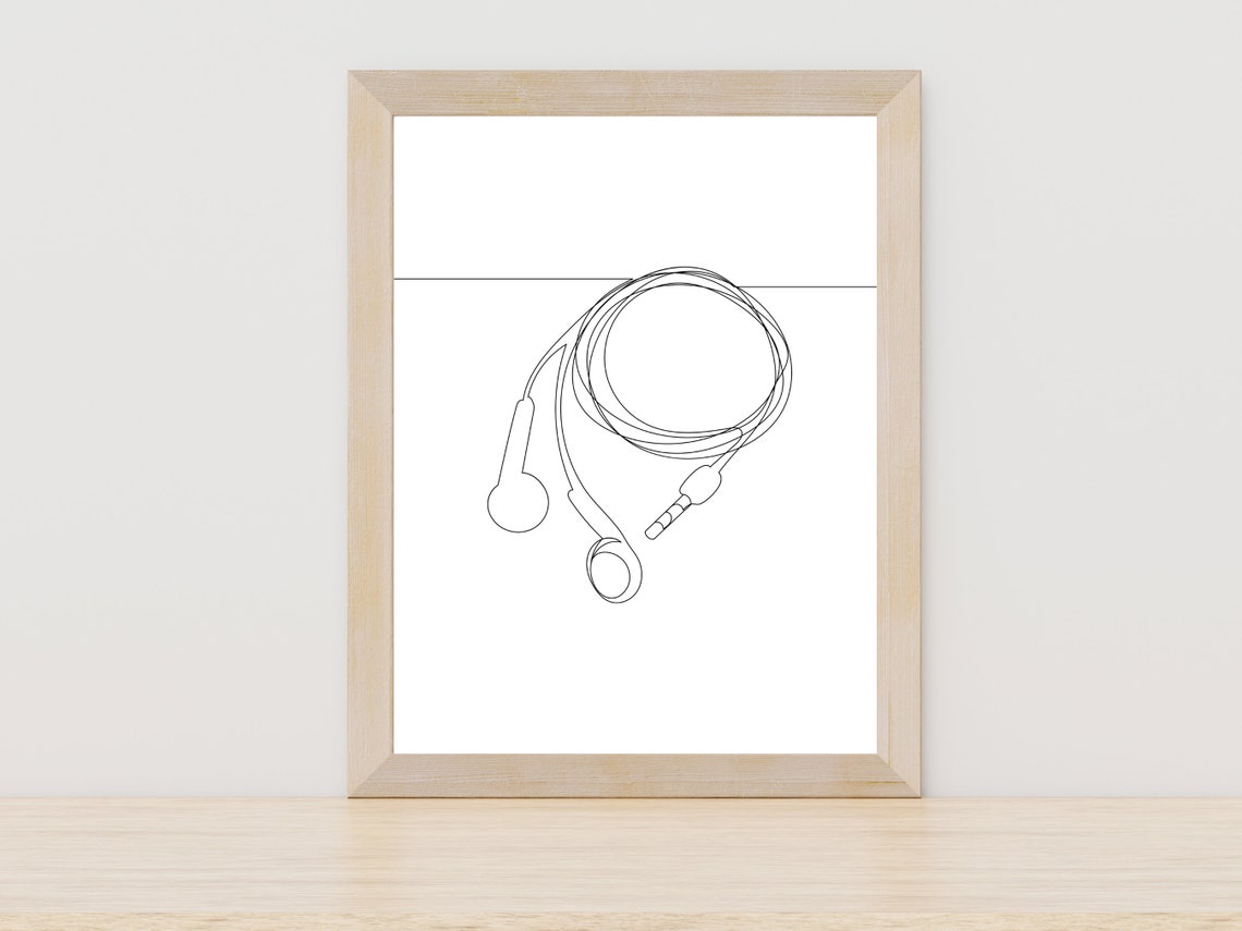 Coiled Wired Earbuds One Line Drawing Minimalist Music Tech Art Poster