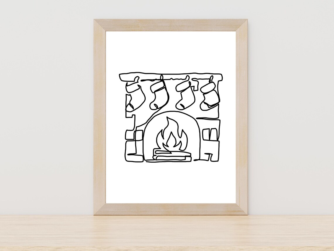 Minimalist Christmas Fireplace Stockings Line Art Holiday Wall Art