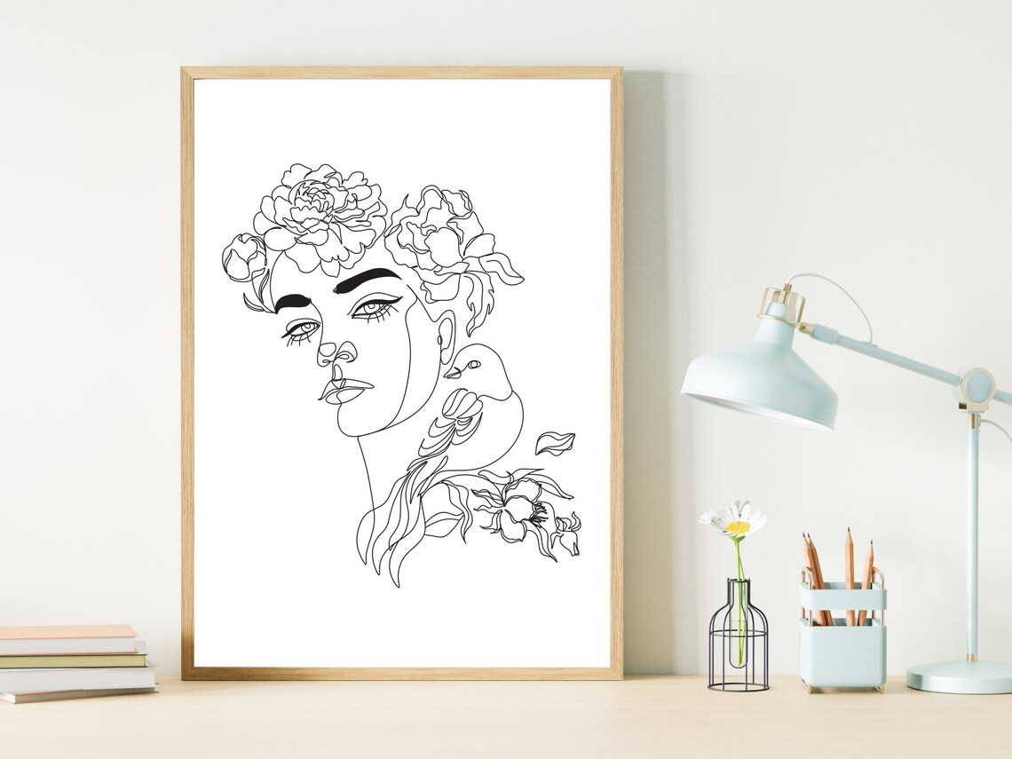 Serene Woman With Bird And Flowers Minimalist Line Art Poster - Image 3