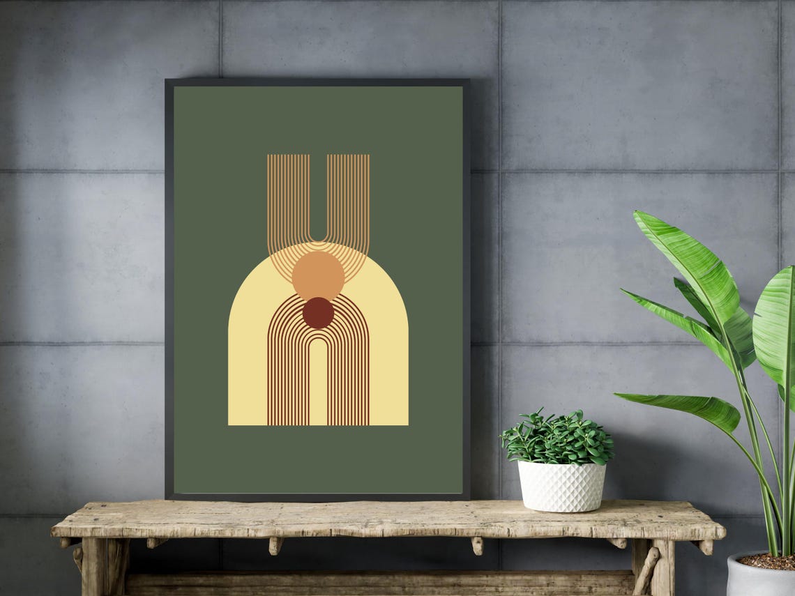 Mid Century Modern Arch Abstract Art Sage Green Mustard Wall Art - Image 3