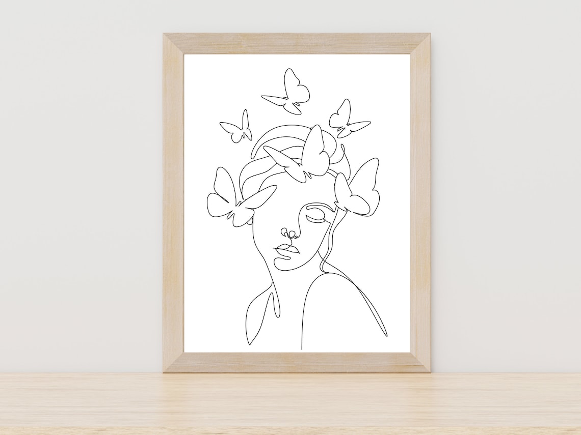 Woman Face Butterflies One Line Drawing Serene Feminine Art Poster