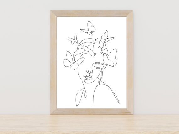 Woman Line Drawing Butterfly Instant Female Line Drawing Woman Line Art Flowers Feminist Art Minimalist Art Print