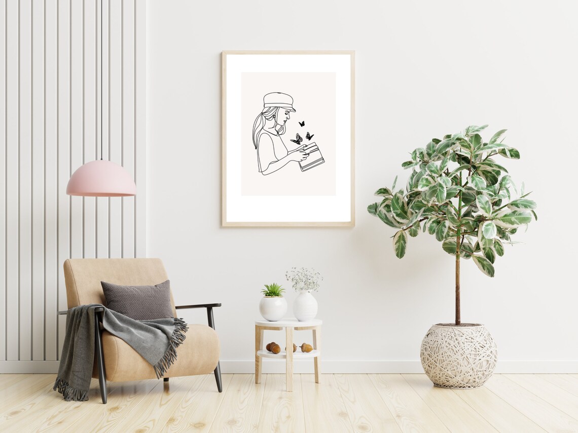 Girl Reading Book With Butterflies Minimalist Line Art Poster - Image 4