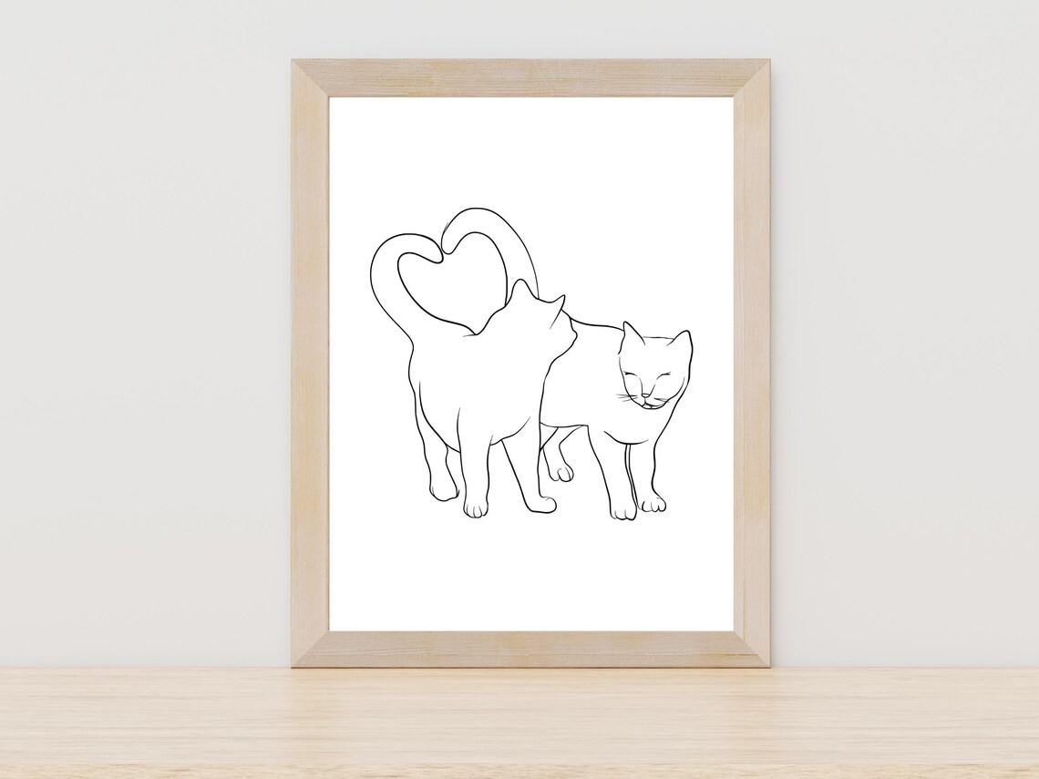 Two Cats Heart Tails Line Art Love Cats Drawing Cute Wall Poster